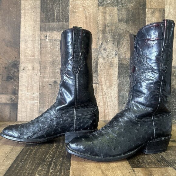 Lucchese Classics Handmade Black Cherry Ostrich Cowboy Boots Mens 9.5 EE - Picture 1 of 12